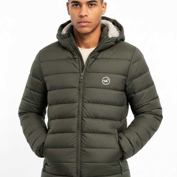 HOLLISTER Mens Olive Green Puffer Jacket Sherpa Lined Hood Coat Warm Winter (L) - Picture 1 of 12